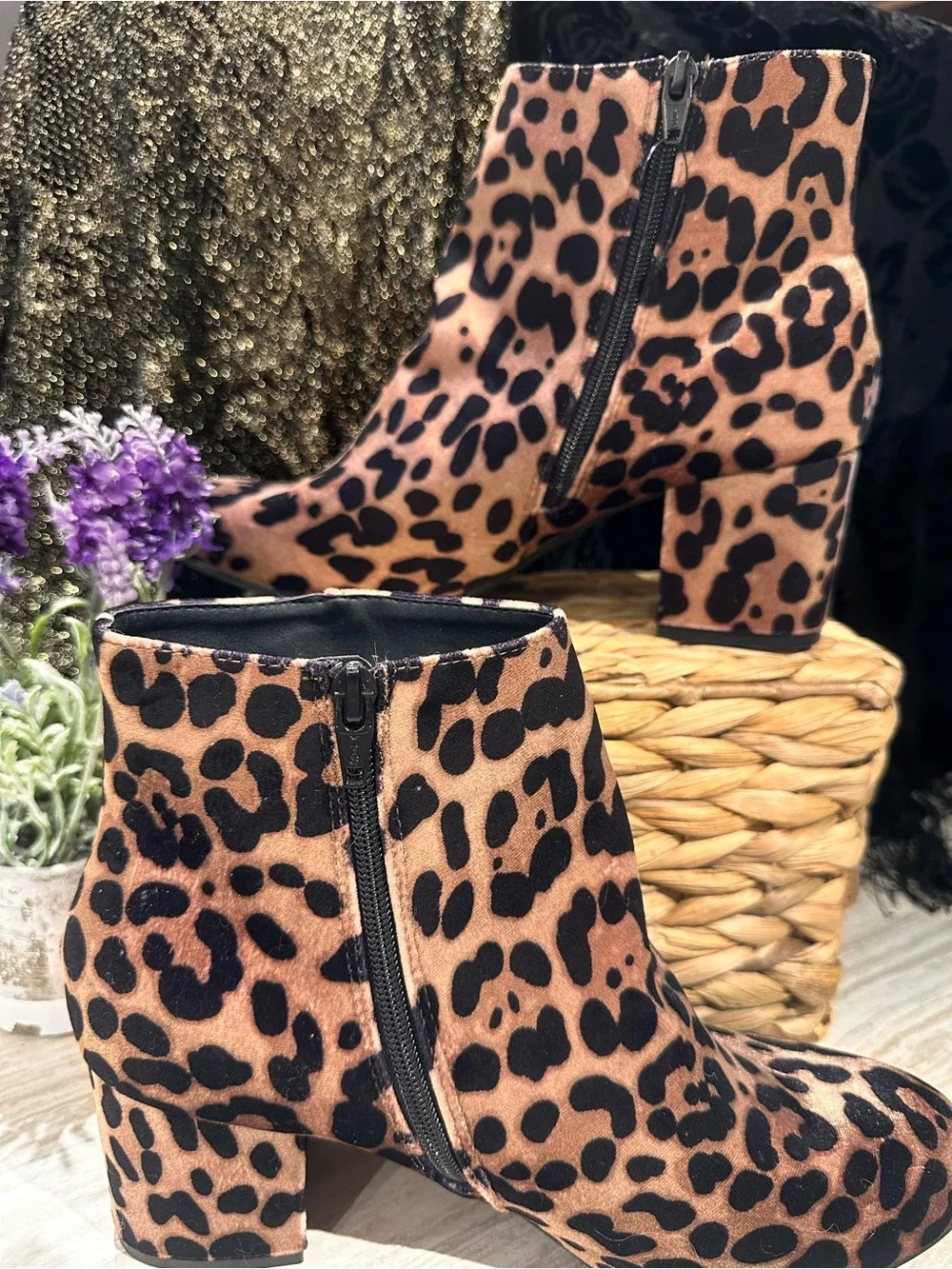 a new day Leopard Print Block Heel Ankle Boots in Tan and Black